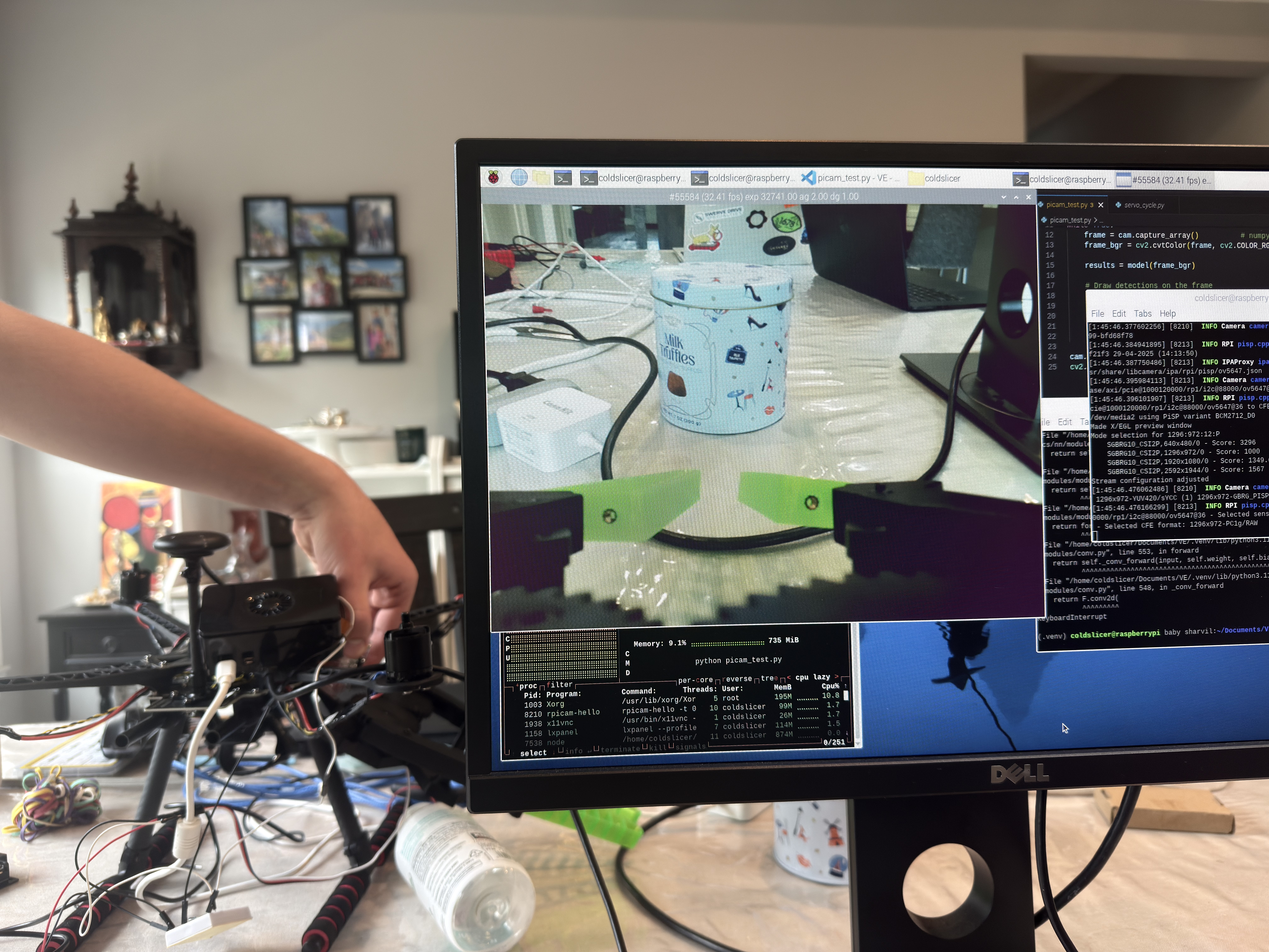 Drone camera testing a trash detection setup