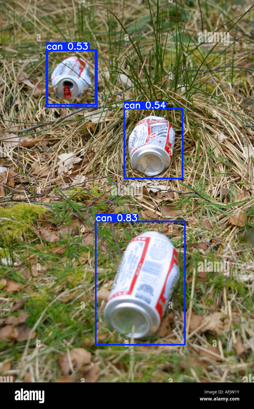 Trash detection model output on cans in grass